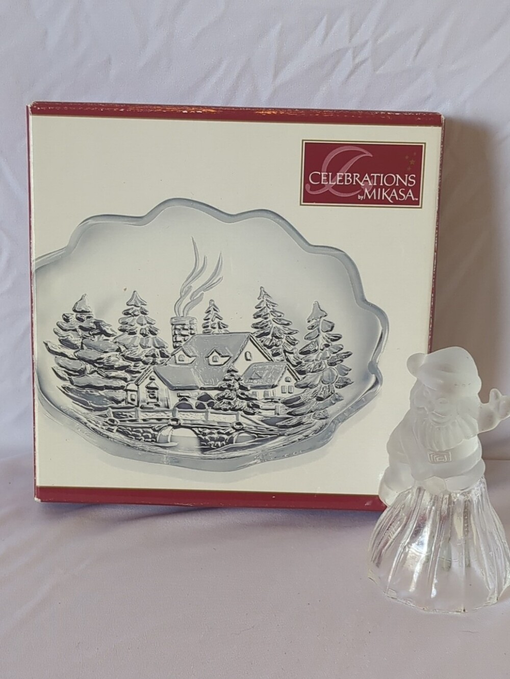 Mikasa Winter Wonderland Crystal Candy Dish NIB & Frosted Glass Santa Bell Lot